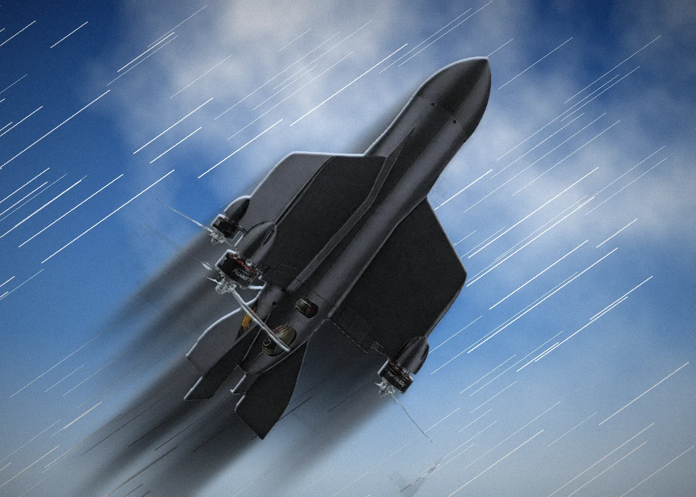 Model Interceptor-1 climbing at high speed through the clouds with motion blur (composite image)