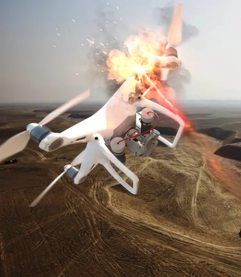 Illustration of a white drone being destroyed mid-air above open terrain