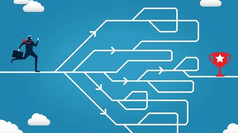 Illustration of a figure choosing a path through a maze of routes towards a target